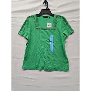 Rafaella Womens Kelly Green Square Neck Crochet Trim Cotton Top RSKSF064 L